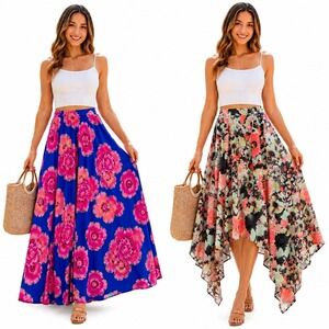 Lot x 2 Vtg Y2K Mix Nouveau Bold Floral Maxi Skirts Boho Chic Resort Wear Size L
